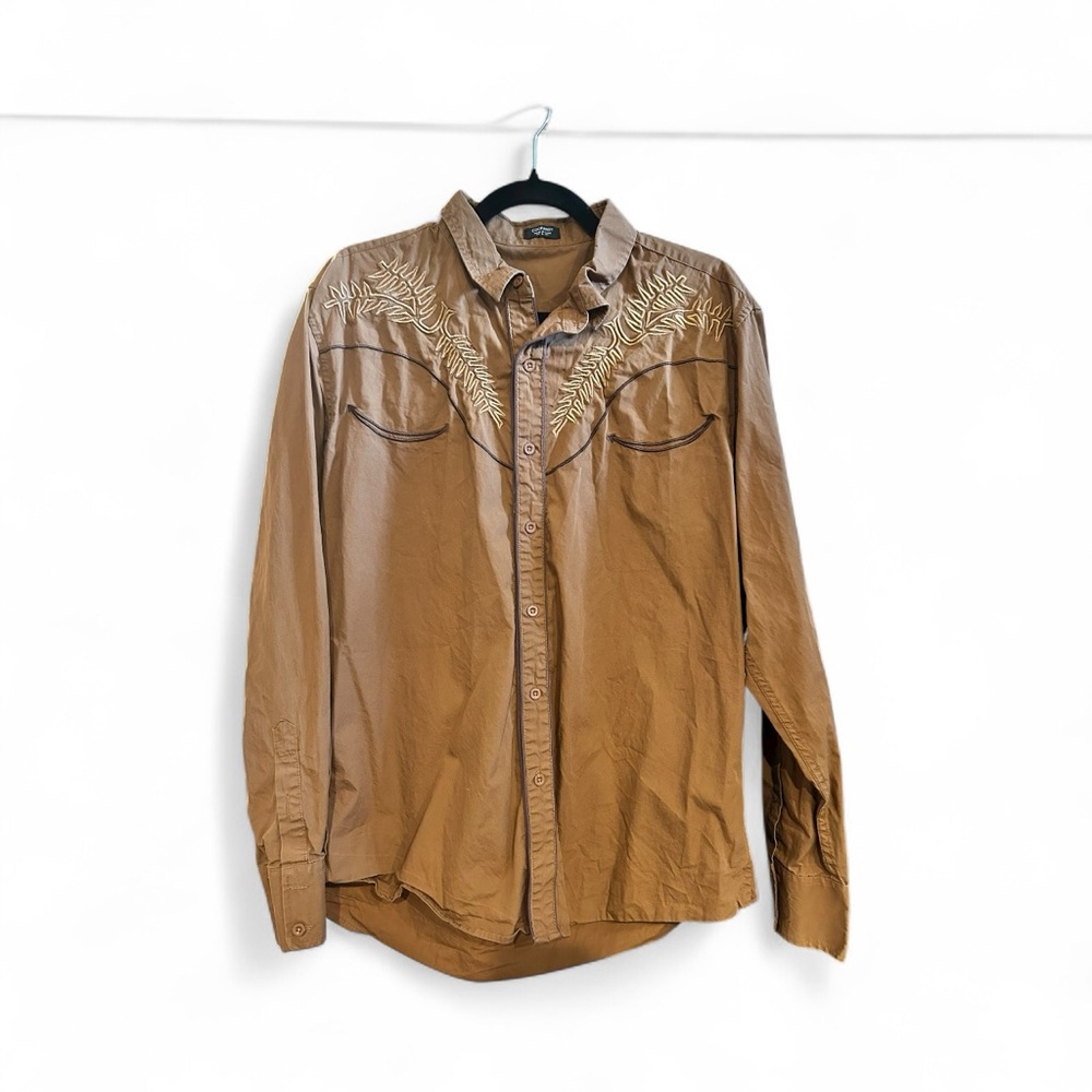 Brown Western Style Embroidered Button-Up Shirt